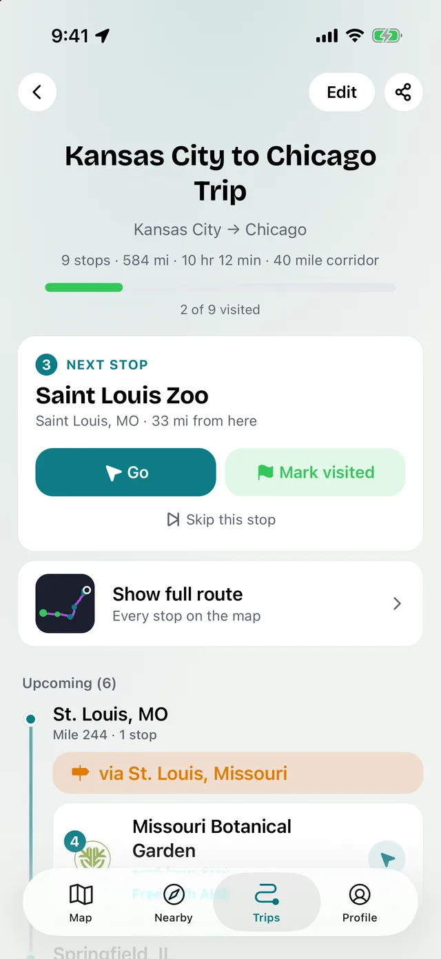 A trip in progress, with the next stop, a Go button and the stops still to come