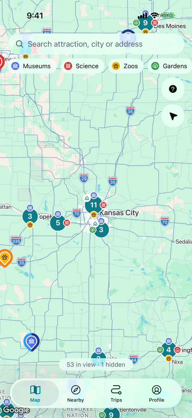 The PassportMap map around Kansas City, with pins for museums, science centers, zoos and gardens