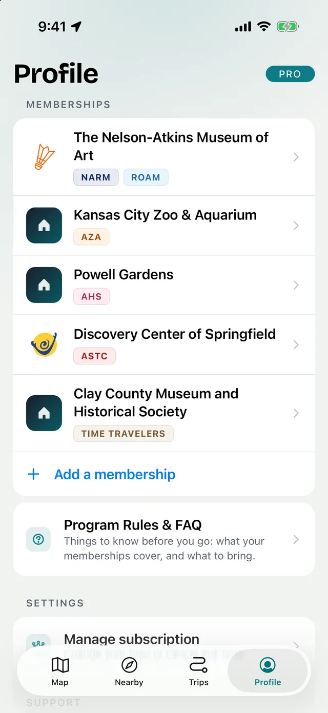 The Profile tab listing five memberships and the networks each one is part of